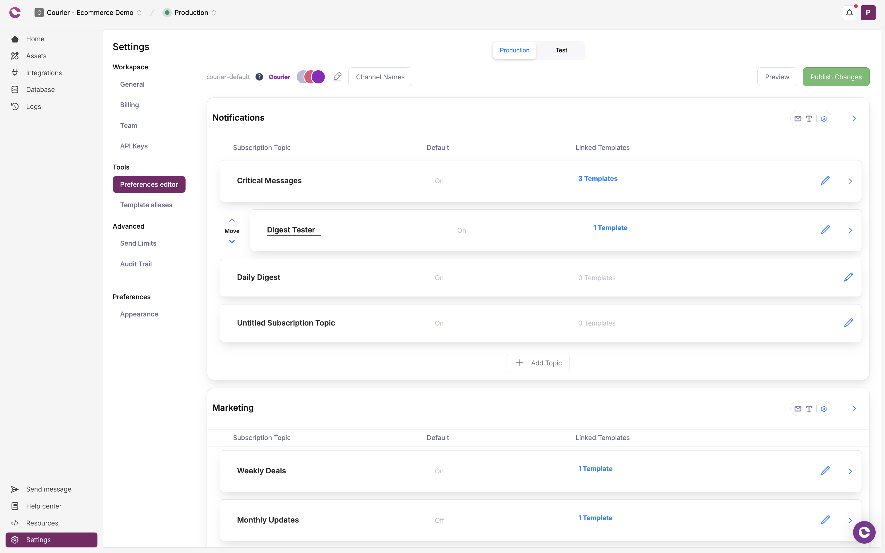 Preference center showing user control options