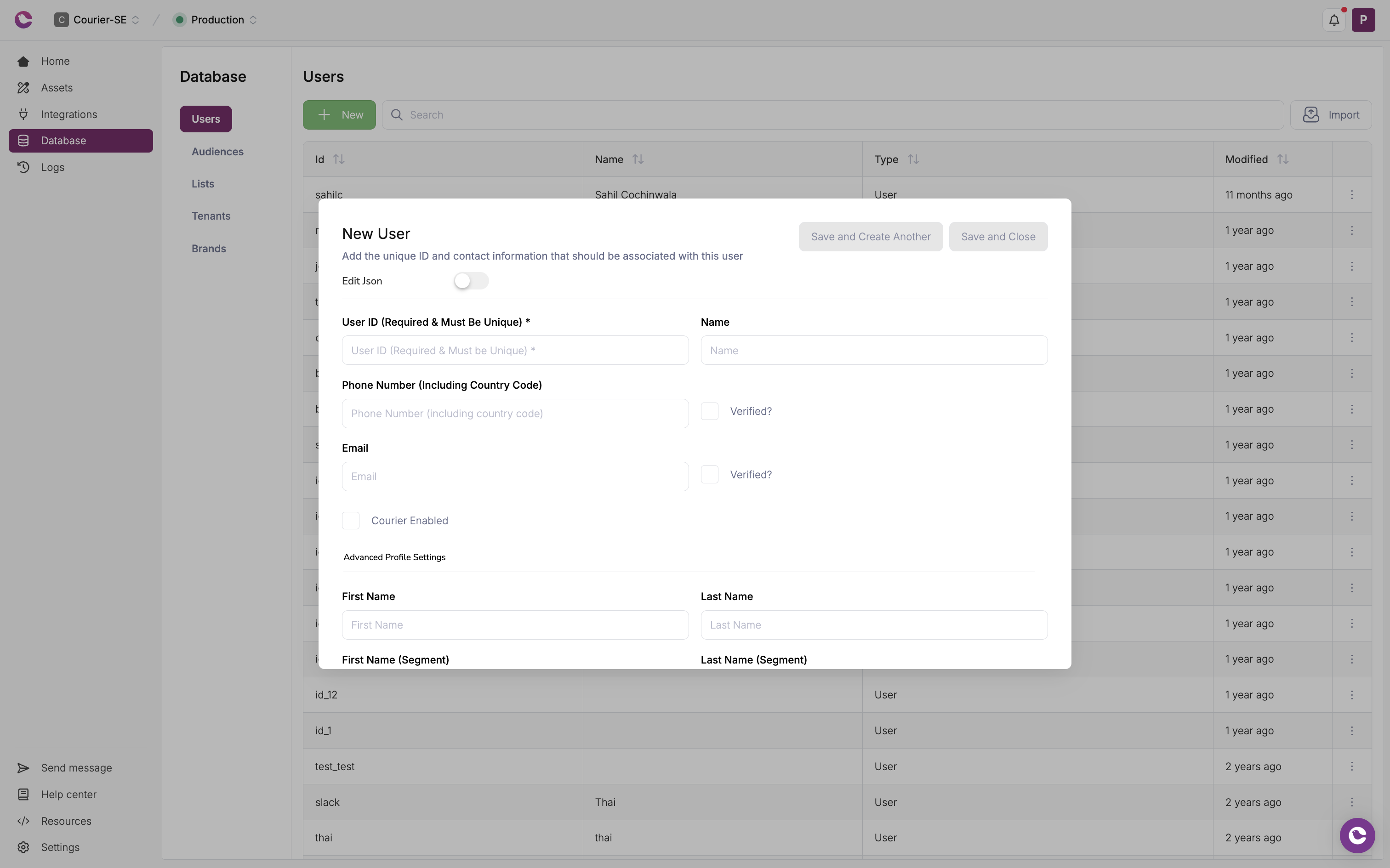 User management interface showing profiles, preferences, and segmentation