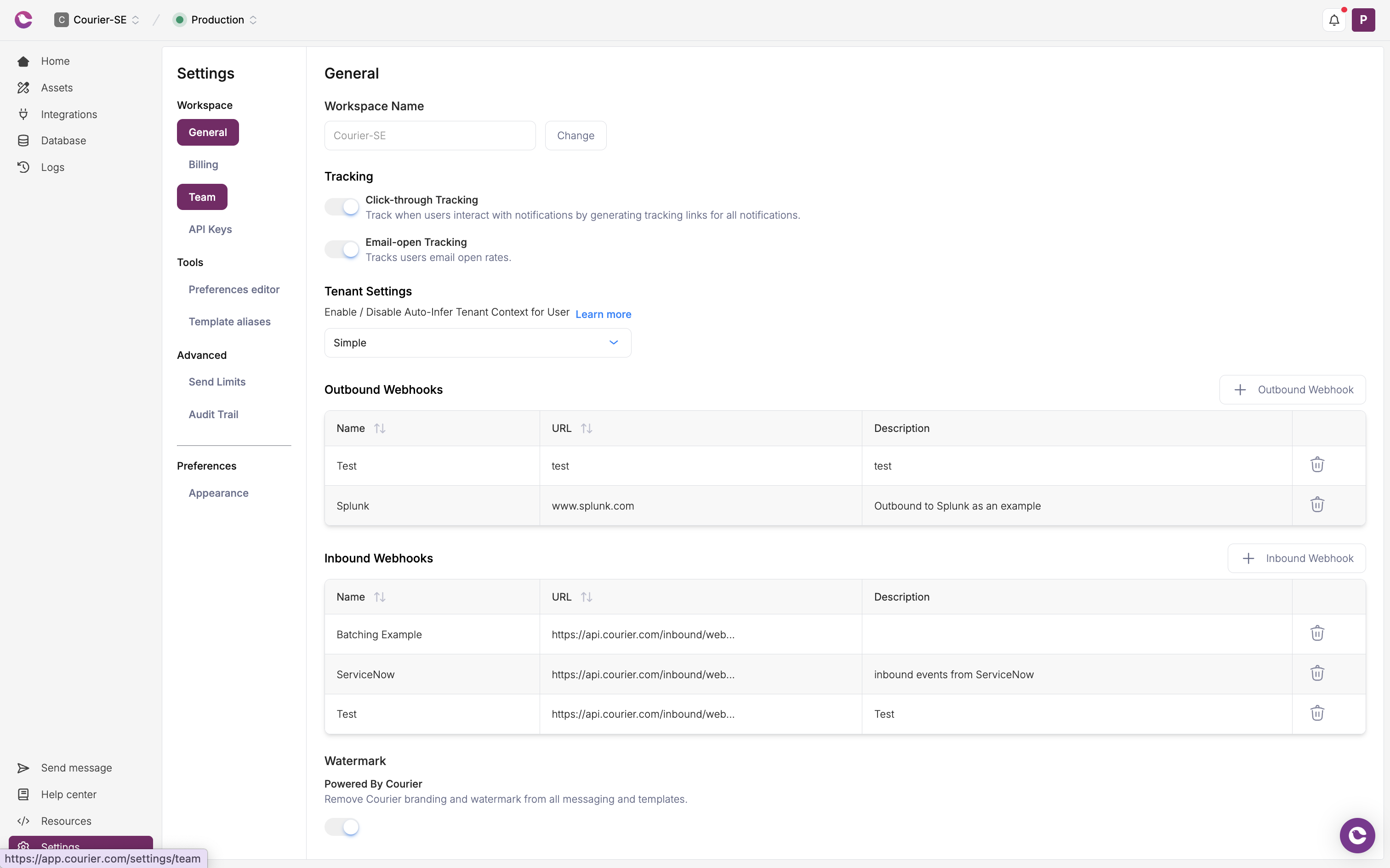 Workspace management showing environments and team access