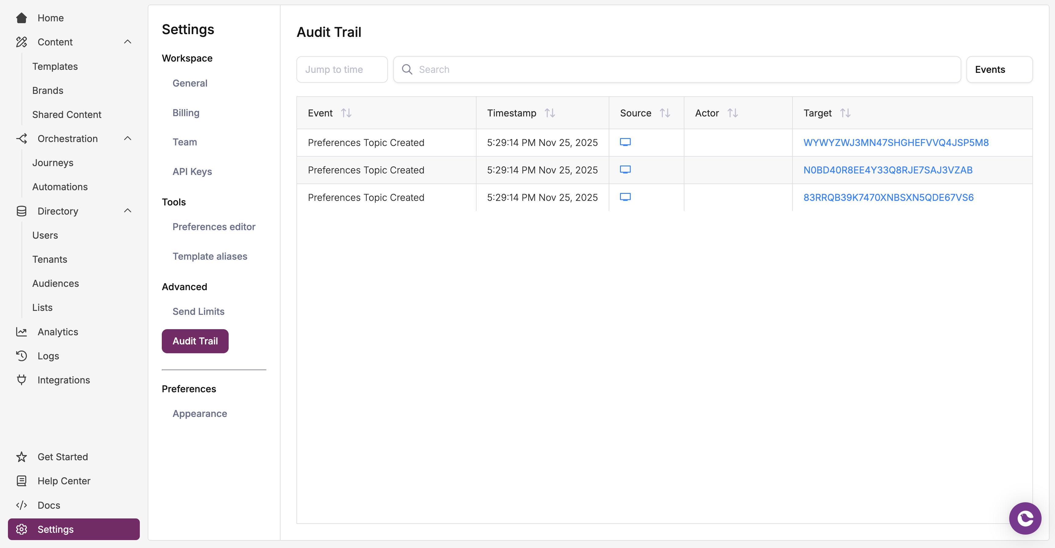 Audit Trail showing event log with timestamps, source, actor, and target