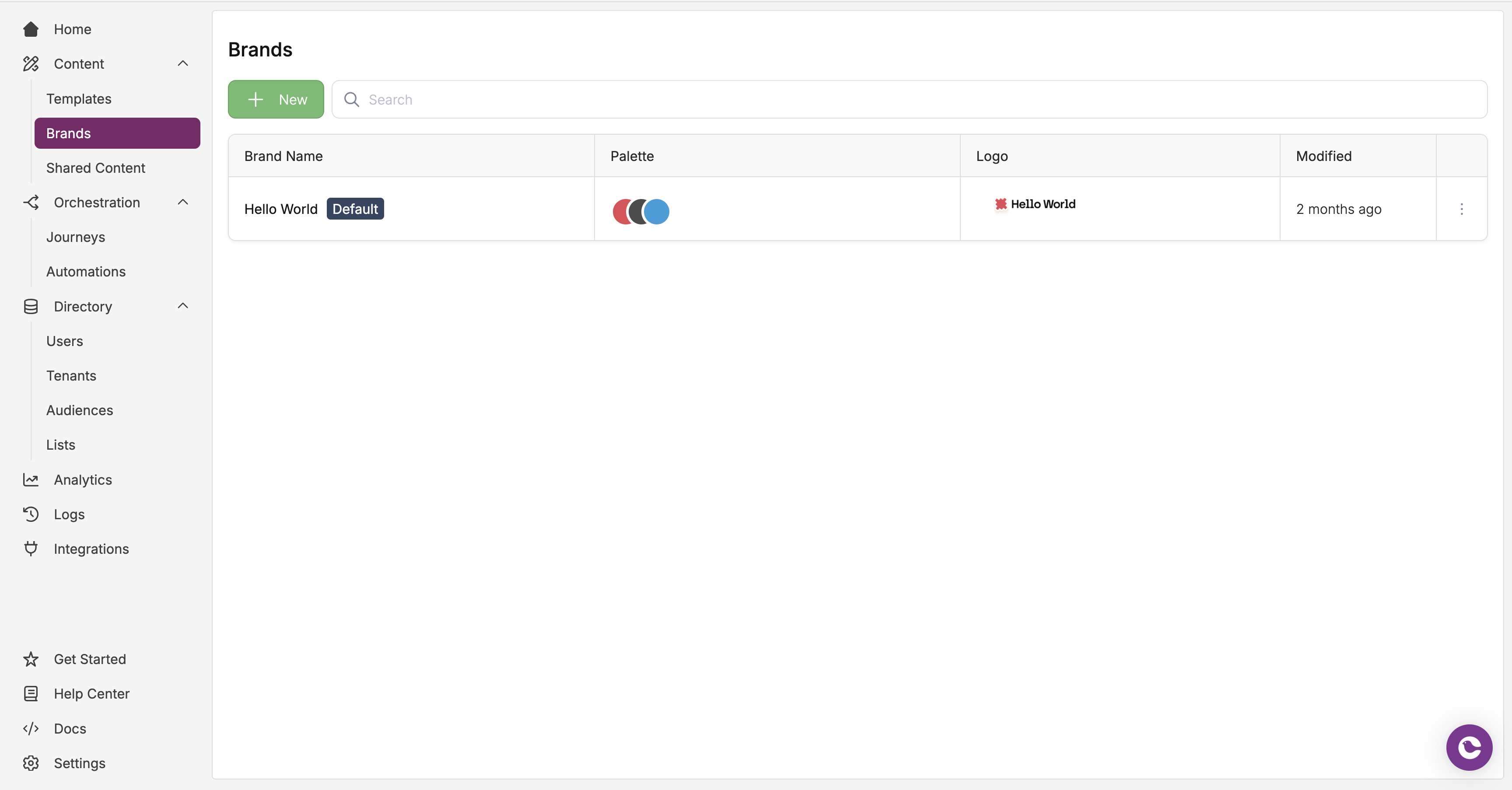 Brands list showing brand name, palette, logo, and modified date