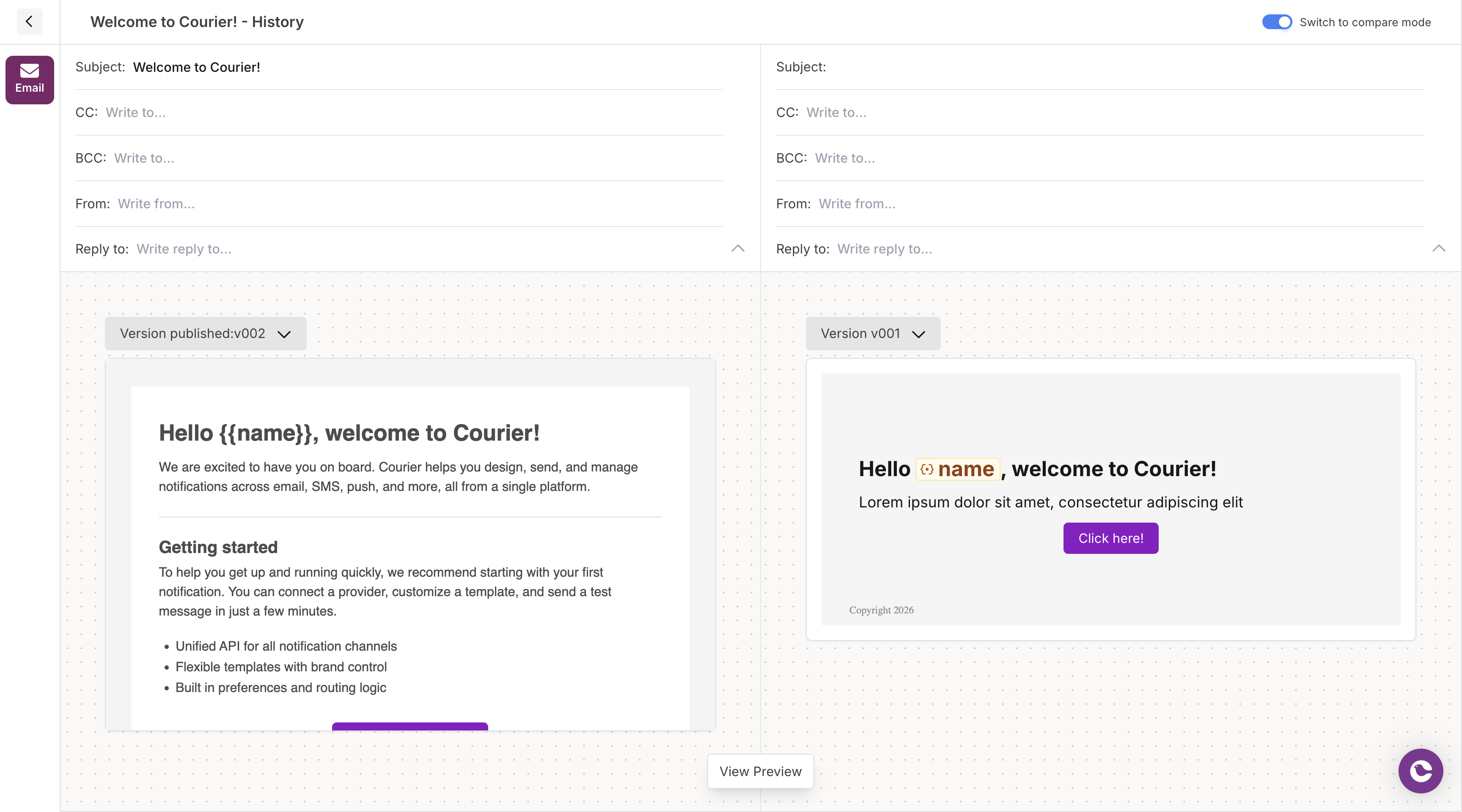 Compare mode with version selectors and side-by-side template preview