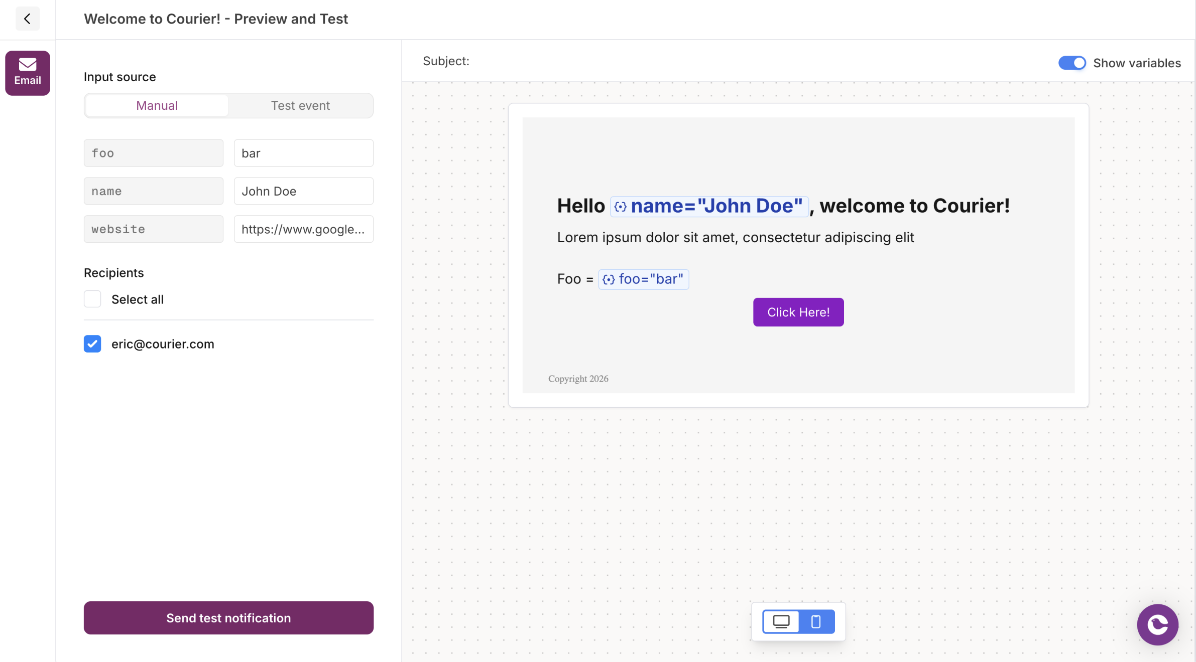 Manual input mode showing variable fields and recipient selection