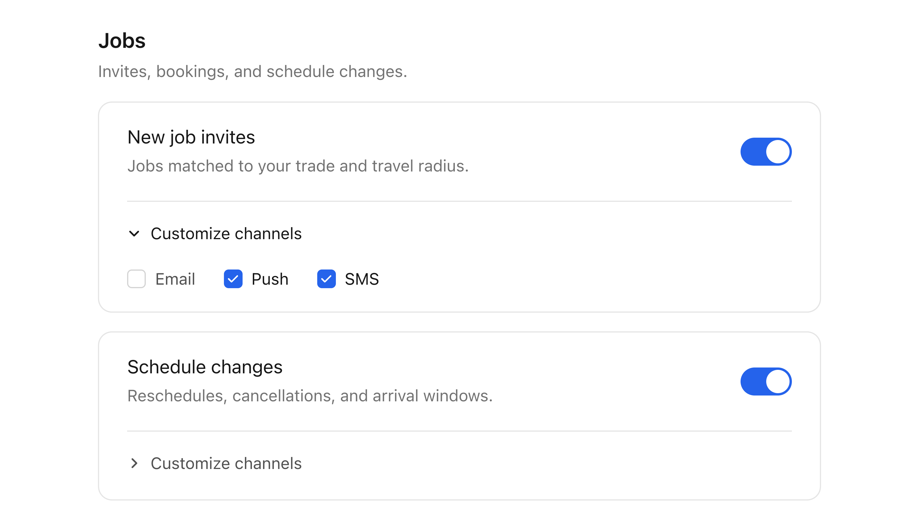 The Courier preferences center with its default styling: a topic section with per-topic toggles and an expanded channel picker for email, push, and SMS