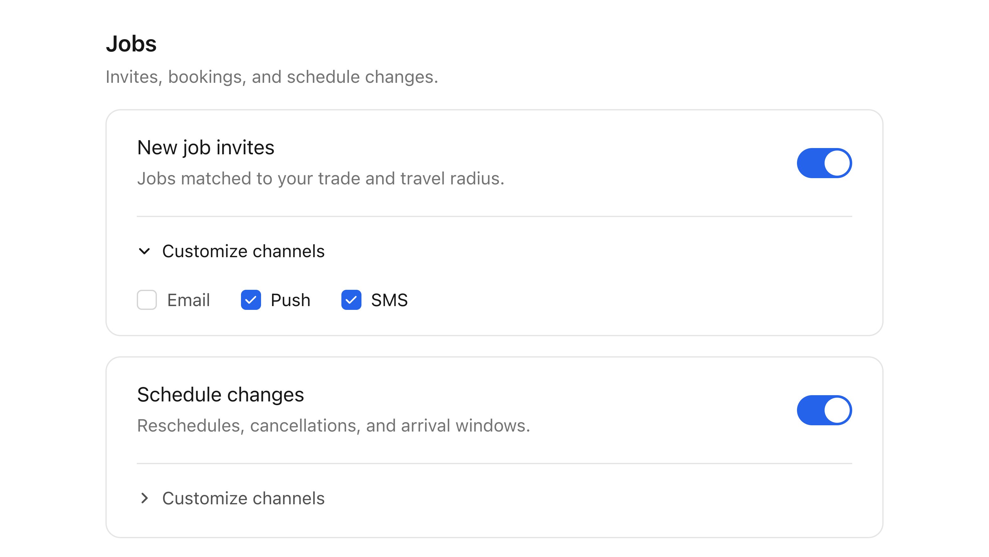 The embeddable Courier preferences component, showing a topic section with per-topic toggles and an expanded channel picker for email, push, and SMS