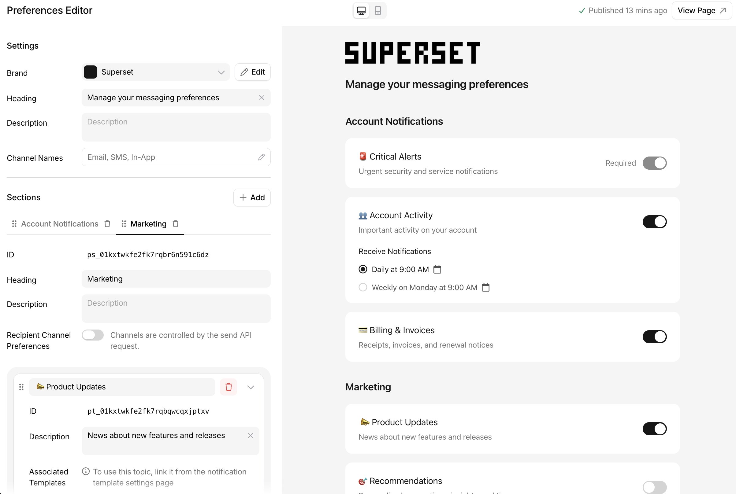 The preferences editor: brand and heading settings and section tabs on the left, with a live preview of the hosted page on the right