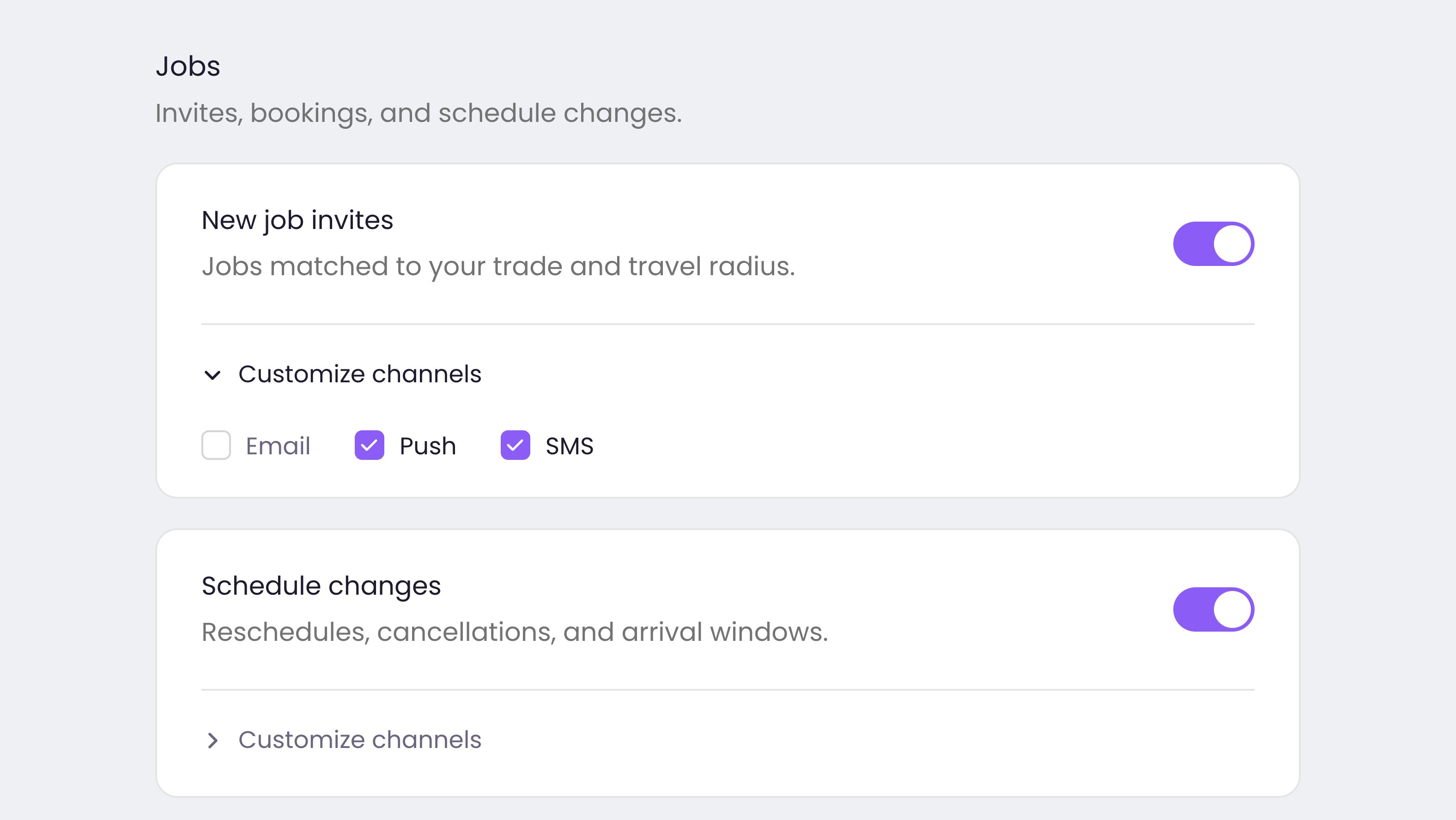 The Courier preferences center with a custom purple theme applied to its topic toggles and channel checkboxes