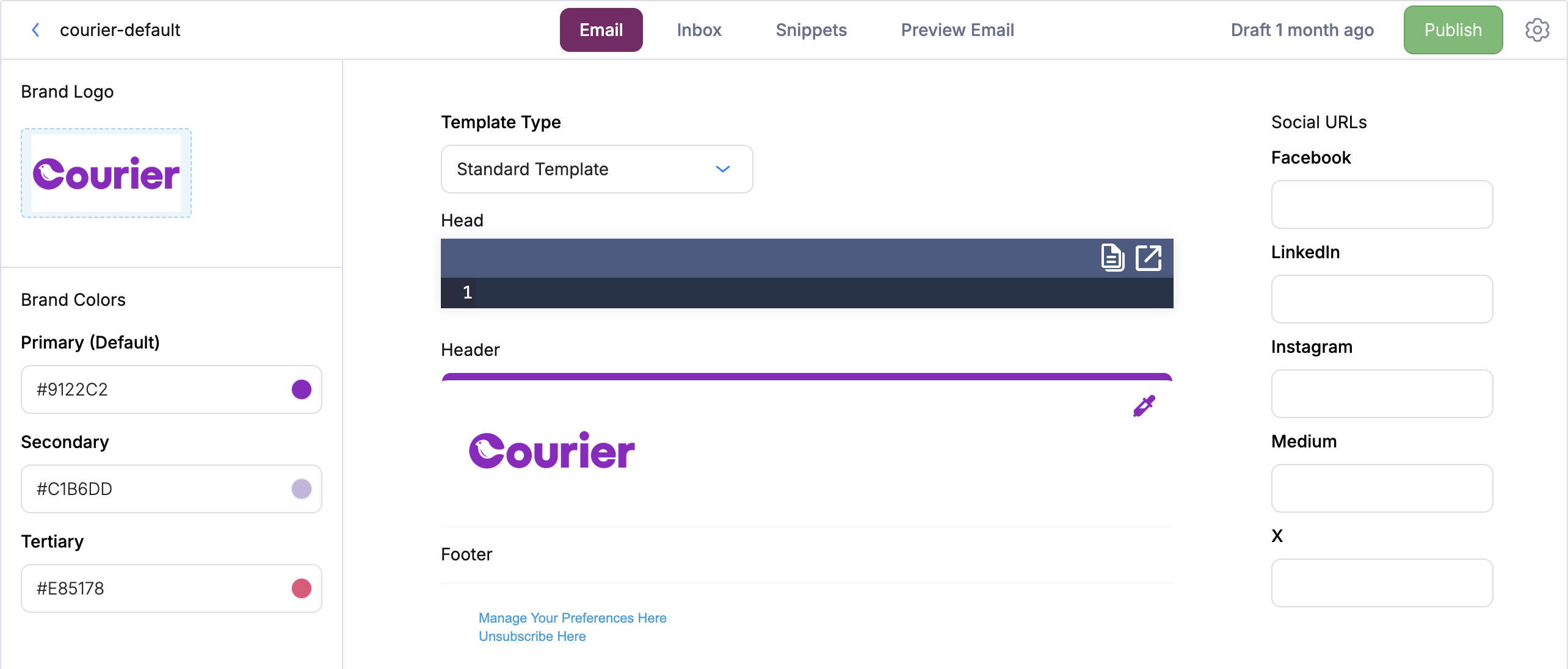 The brand designer: brand logo and primary, secondary, and tertiary colors on the left, the head, header, and footer editors in the middle, and social URLs on the right