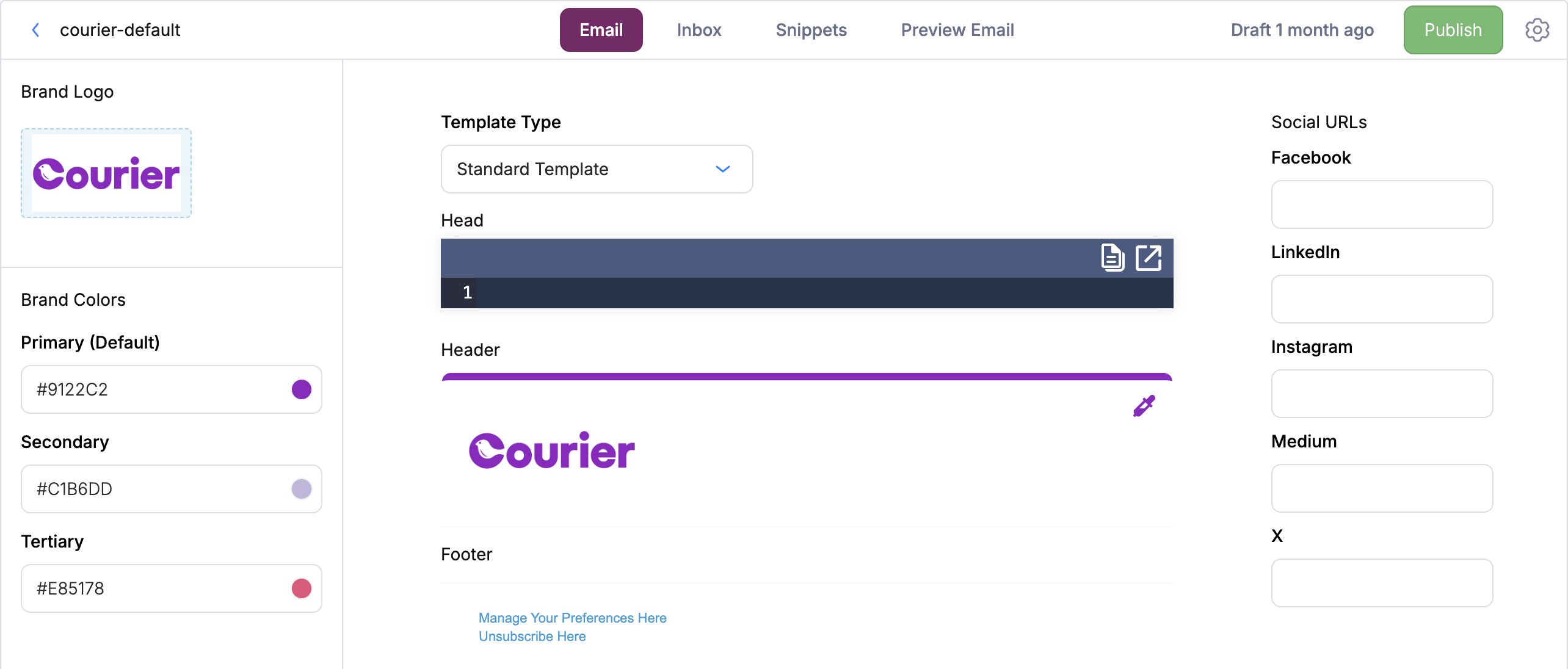 The brand designer: brand logo and primary, secondary, and tertiary colors on the left, the head, header, and footer editors in the middle, and social URLs on the right
