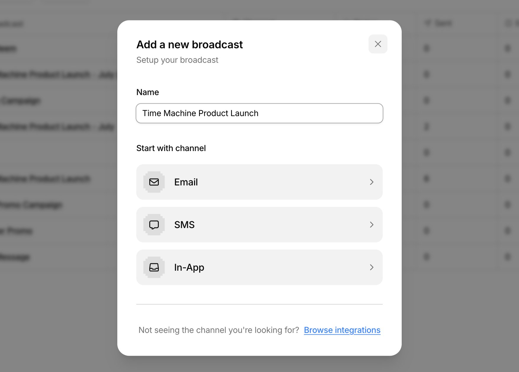 The Add a new broadcast modal: a Name field and channel options for Email, SMS, and In-App