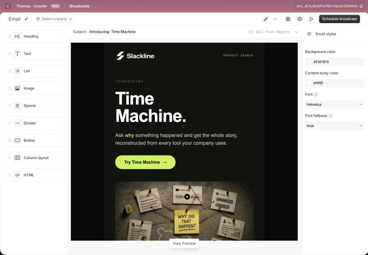 The broadcast design editor: the blocks panel on the left, the email canvas in the center, and Email styles on the right
