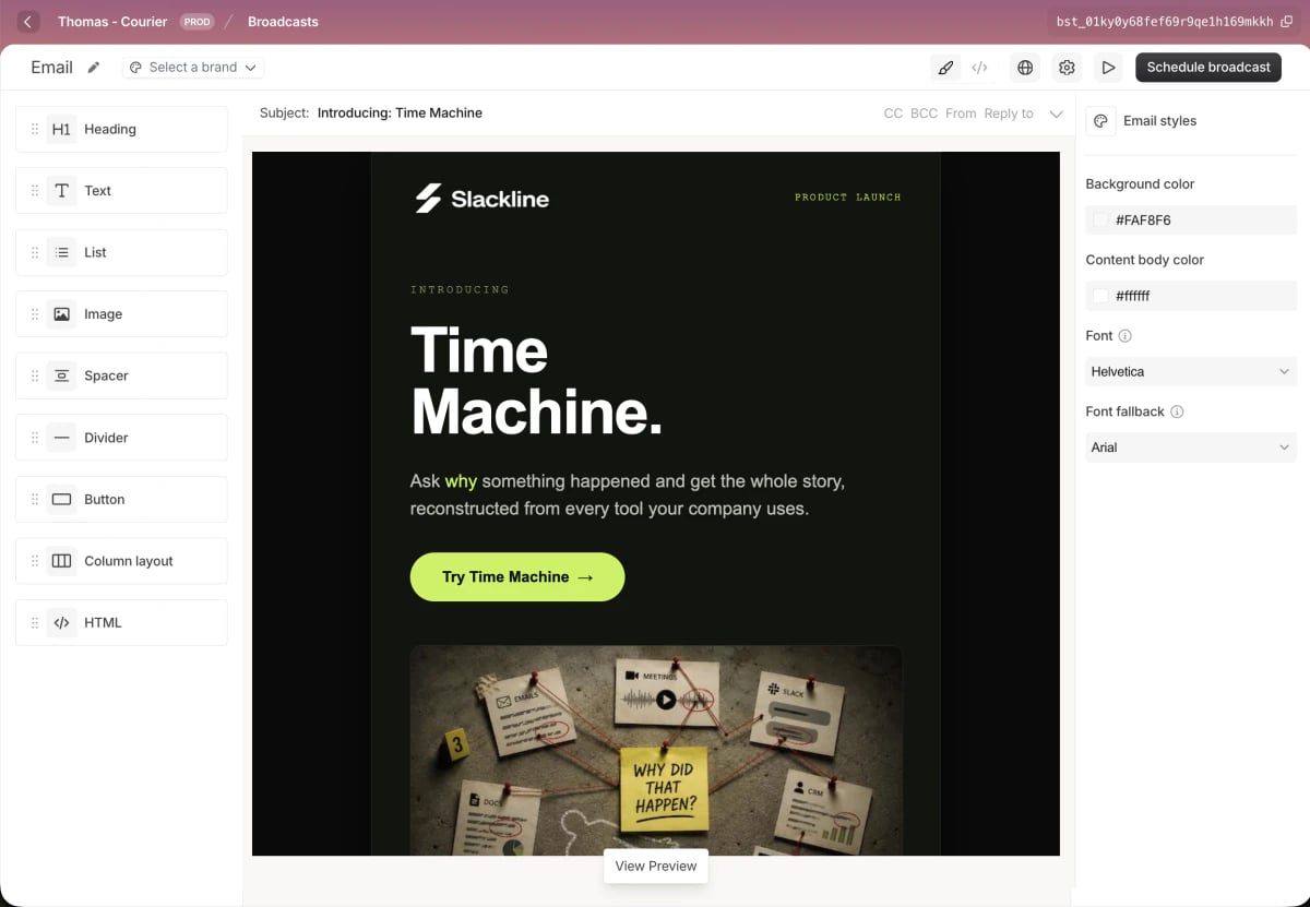 The broadcast design editor: the blocks panel on the left, the email canvas in the center, and Email styles on the right