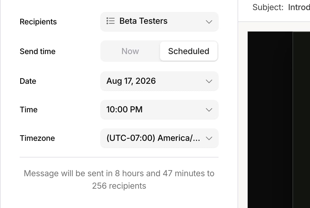 The broadcast send panel with Scheduled selected, showing date, time, and timezone