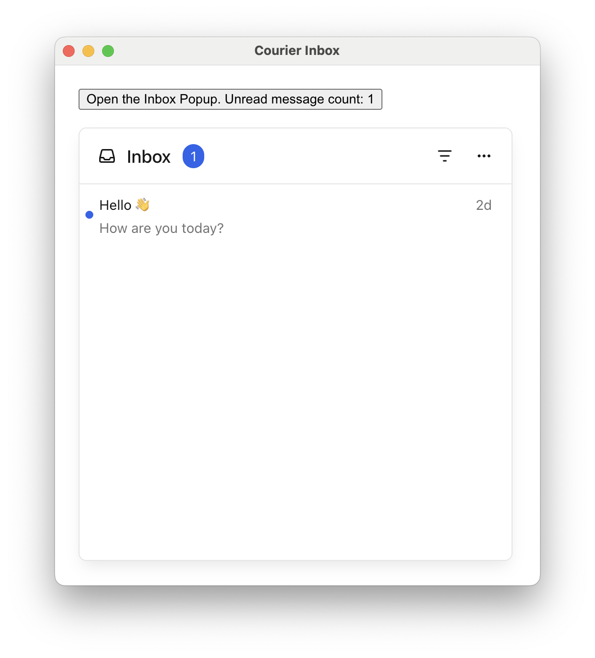 A plain HTML button reading Open the Inbox Popup with the unread message count, in place of the default inbox icon button