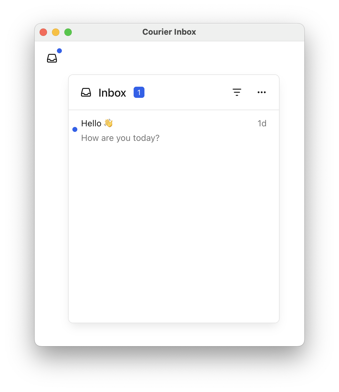 Three Courier Inbox popup menus side by side, each opening from a different corner of its trigger button and at a different width and height