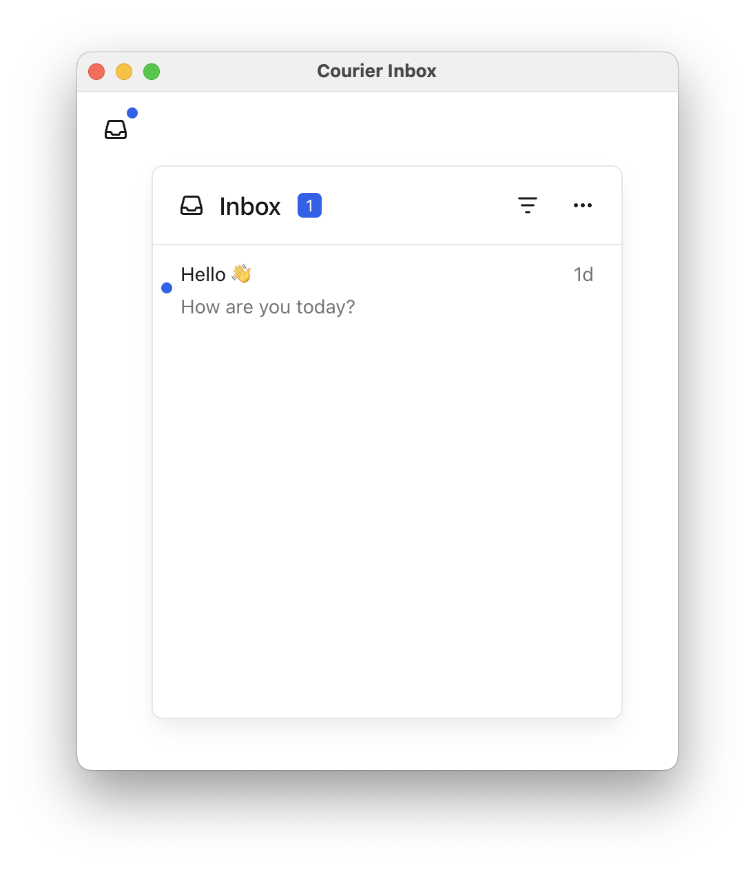 Three Courier Inbox popup menus side by side, each opening from a different corner of its trigger button and at a different width and height