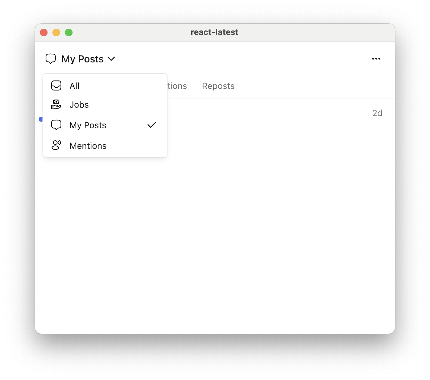The Courier Inbox feed picker open, listing All, Jobs, My Posts, and Mentions as selectable feeds