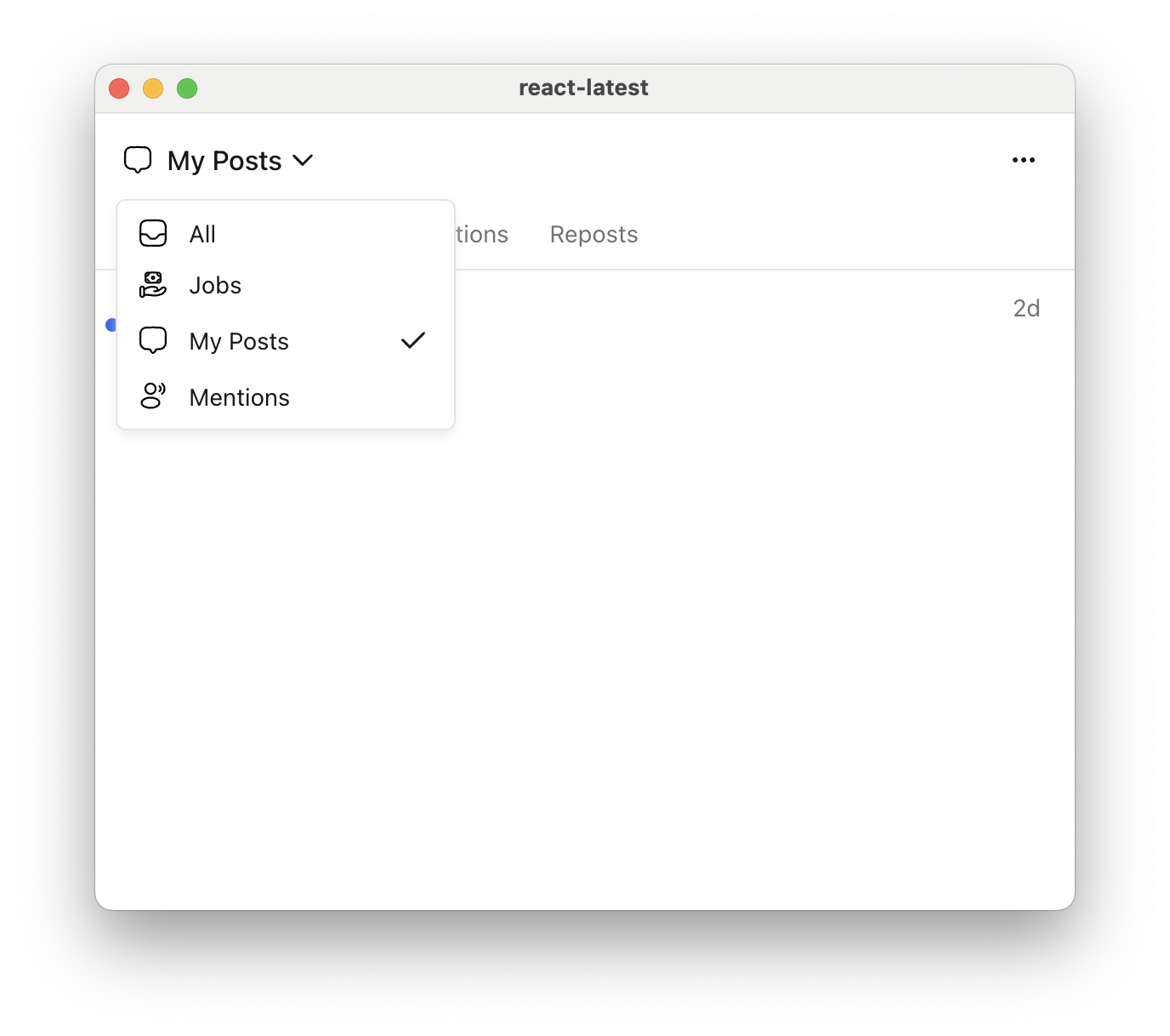 The Courier Inbox feed picker open, listing All, Jobs, My Posts, and Mentions as selectable feeds