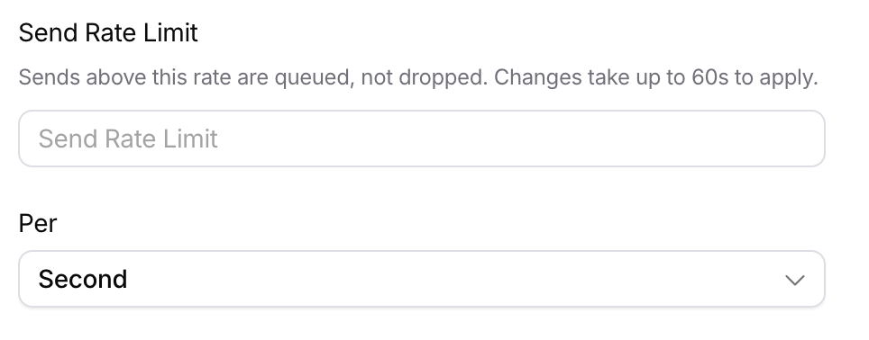 Provider settings with a Send Rate Limit field and a Per dropdown set to Second