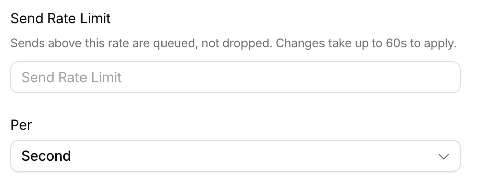 Provider settings with a Send Rate Limit field and a Per dropdown set to Second