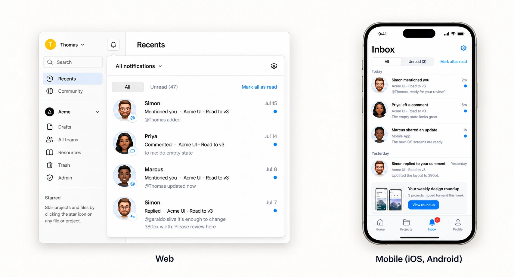 The Courier Inbox on web and mobile. On the web, a notification panel opens from a bell icon with All and Unread tabs, Mark all as read, and mentions and comments from teammates. On an iPhone, the same feed as a native Inbox screen grouped into Today and Yesterday, with a weekly roundup card and an Inbox tab badge