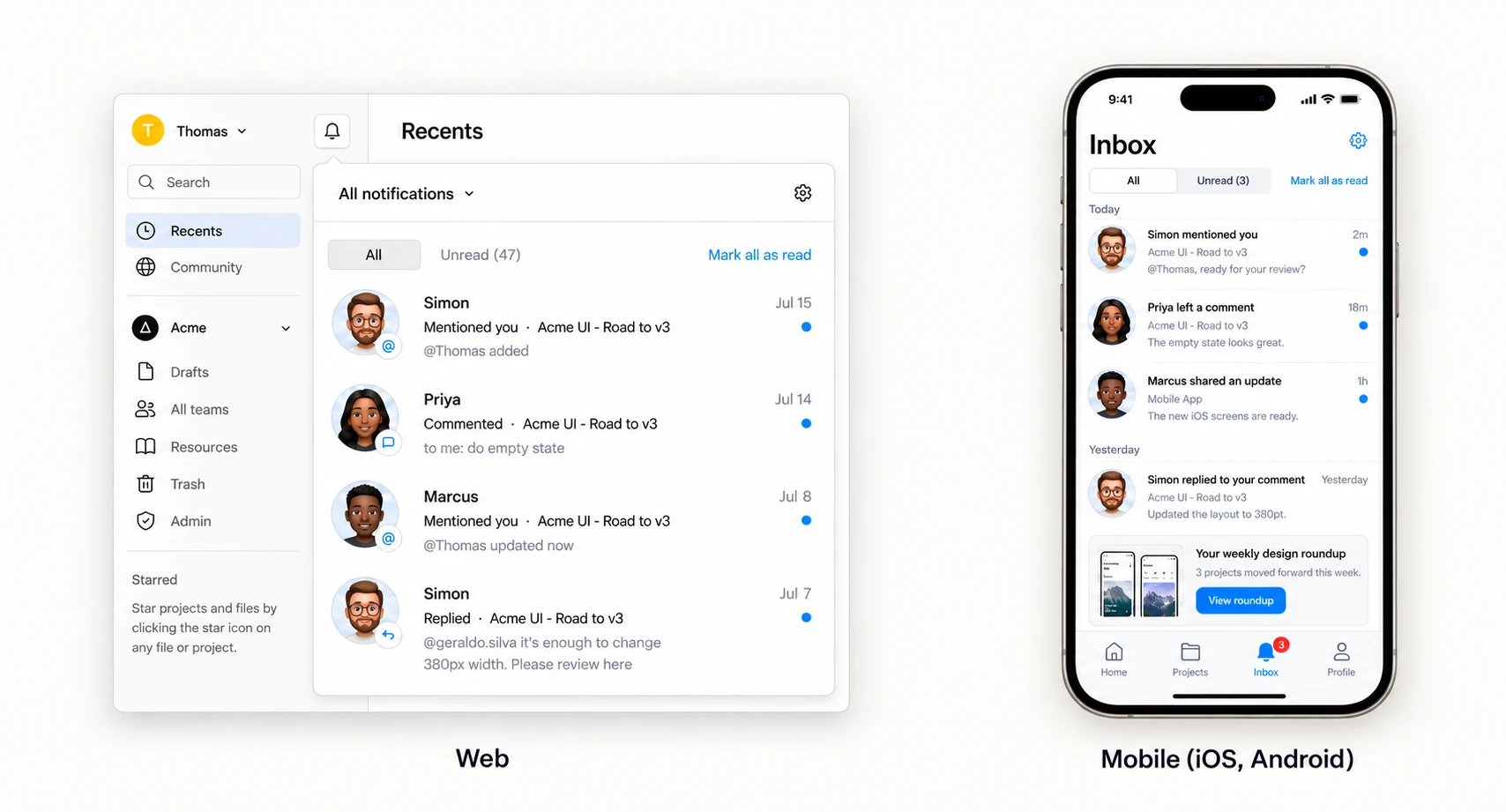 The Courier Inbox on web and mobile. On the web, a notification panel opens from a bell icon with All and Unread tabs, Mark all as read, and mentions and comments from teammates. On an iPhone, the same feed as a native Inbox screen grouped into Today and Yesterday, with a weekly roundup card and an Inbox tab badge