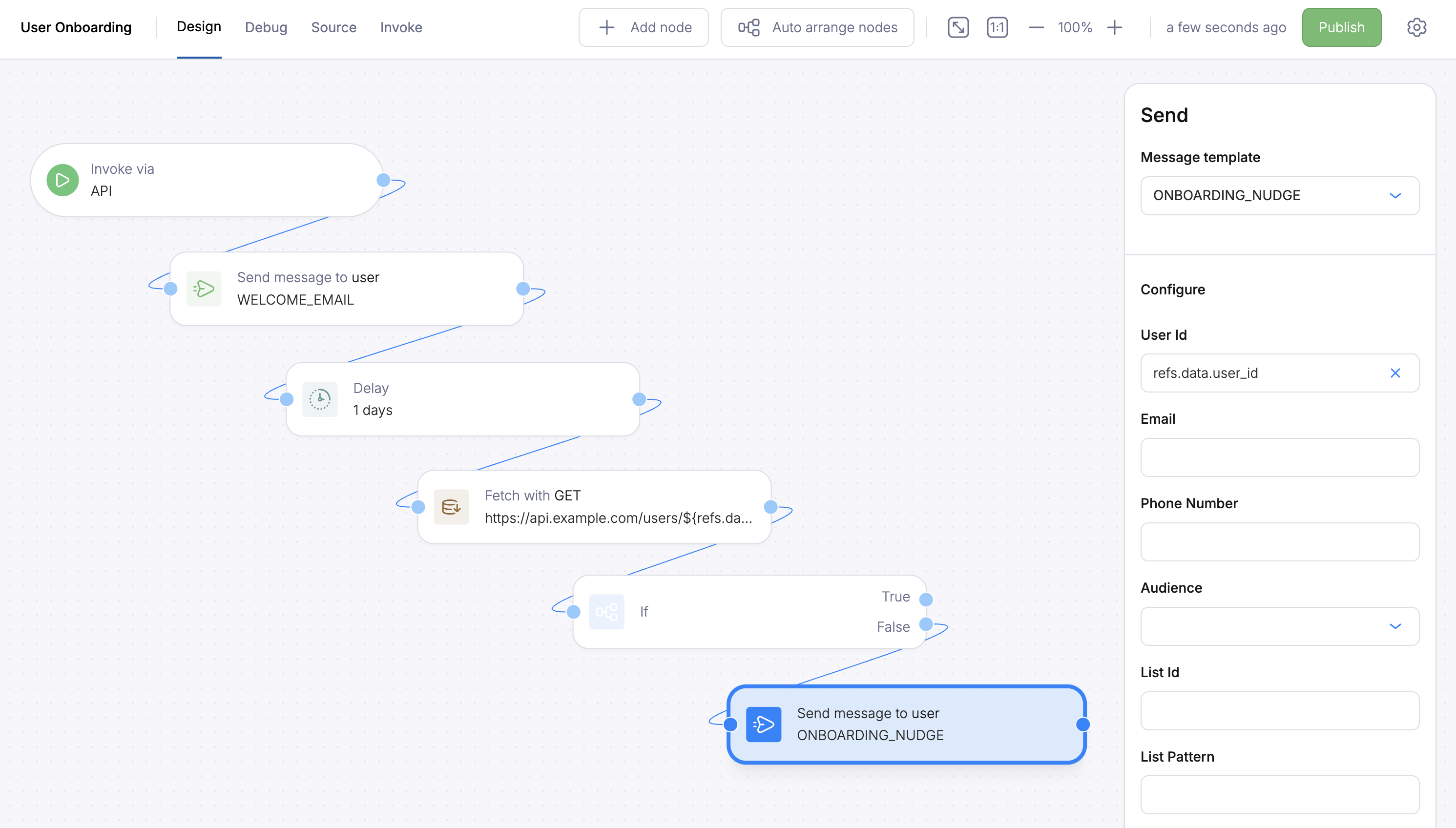 Send node on the False branch of the If node