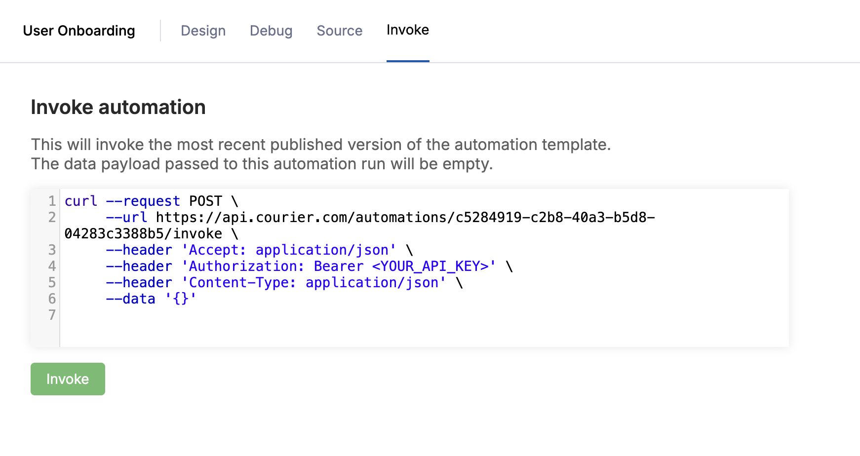 Invoke tab showing generated curl command