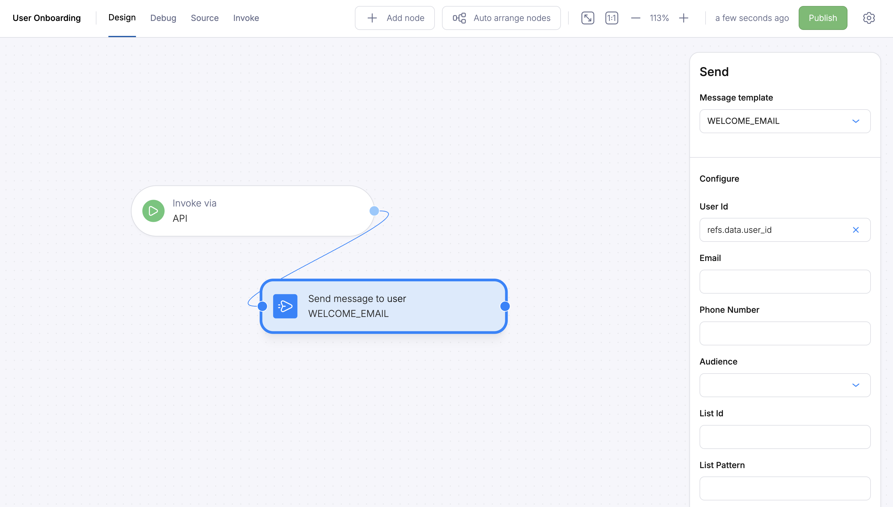Send node configuration for welcome email