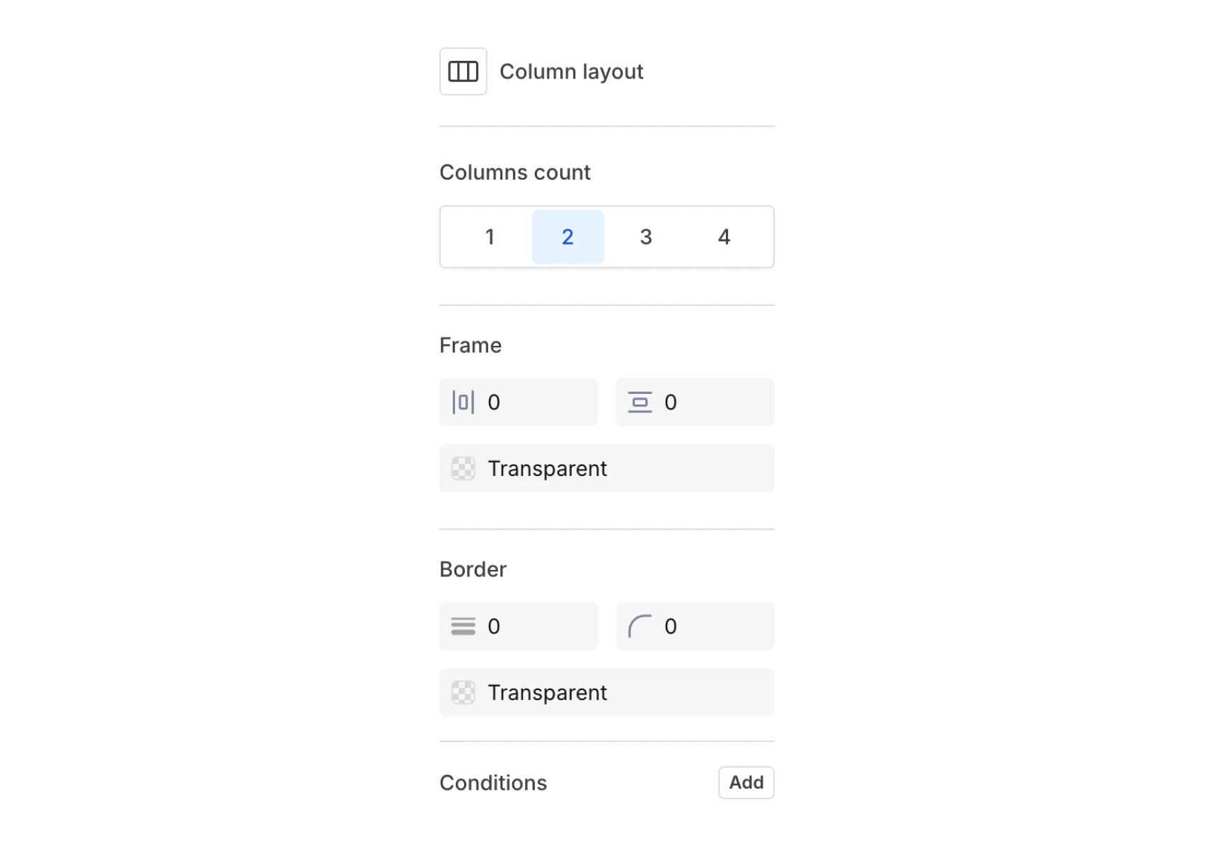Column layout settings panel in Design Studio
