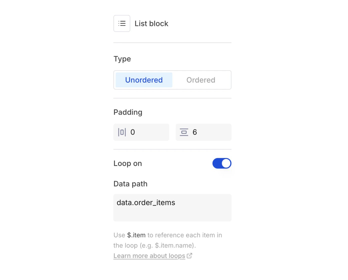 List block settings panel showing type, padding, and loop on toggle