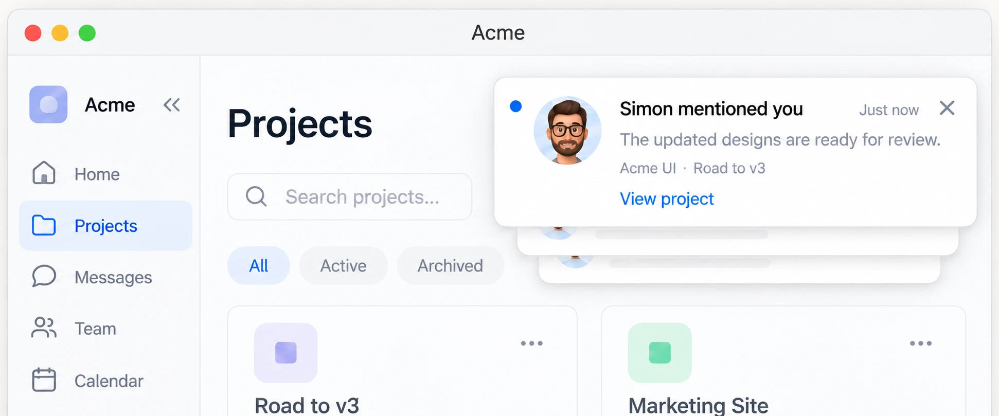 A toast in the top-right corner of a projects app reading Simon mentioned you, The updated designs are ready for review, with a View project link and a close button, stacked on top of two earlier toasts