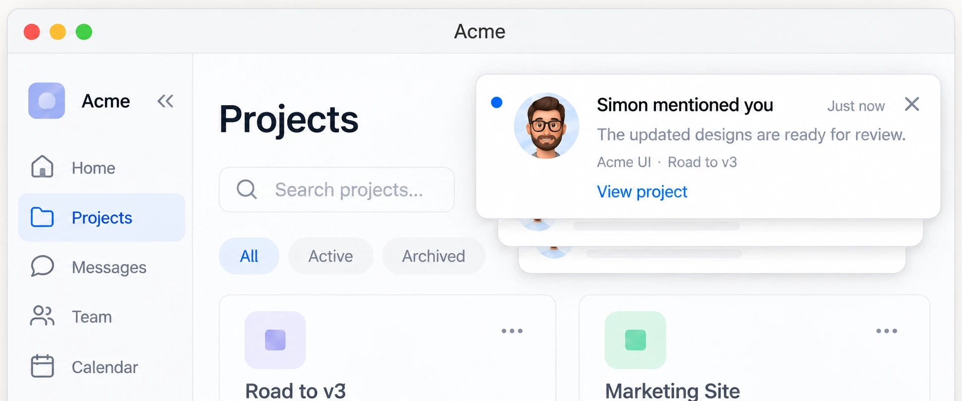 A toast in the top-right corner of a projects app reading Simon mentioned you, The updated designs are ready for review, with a View project link and a close button, stacked on top of two earlier toasts