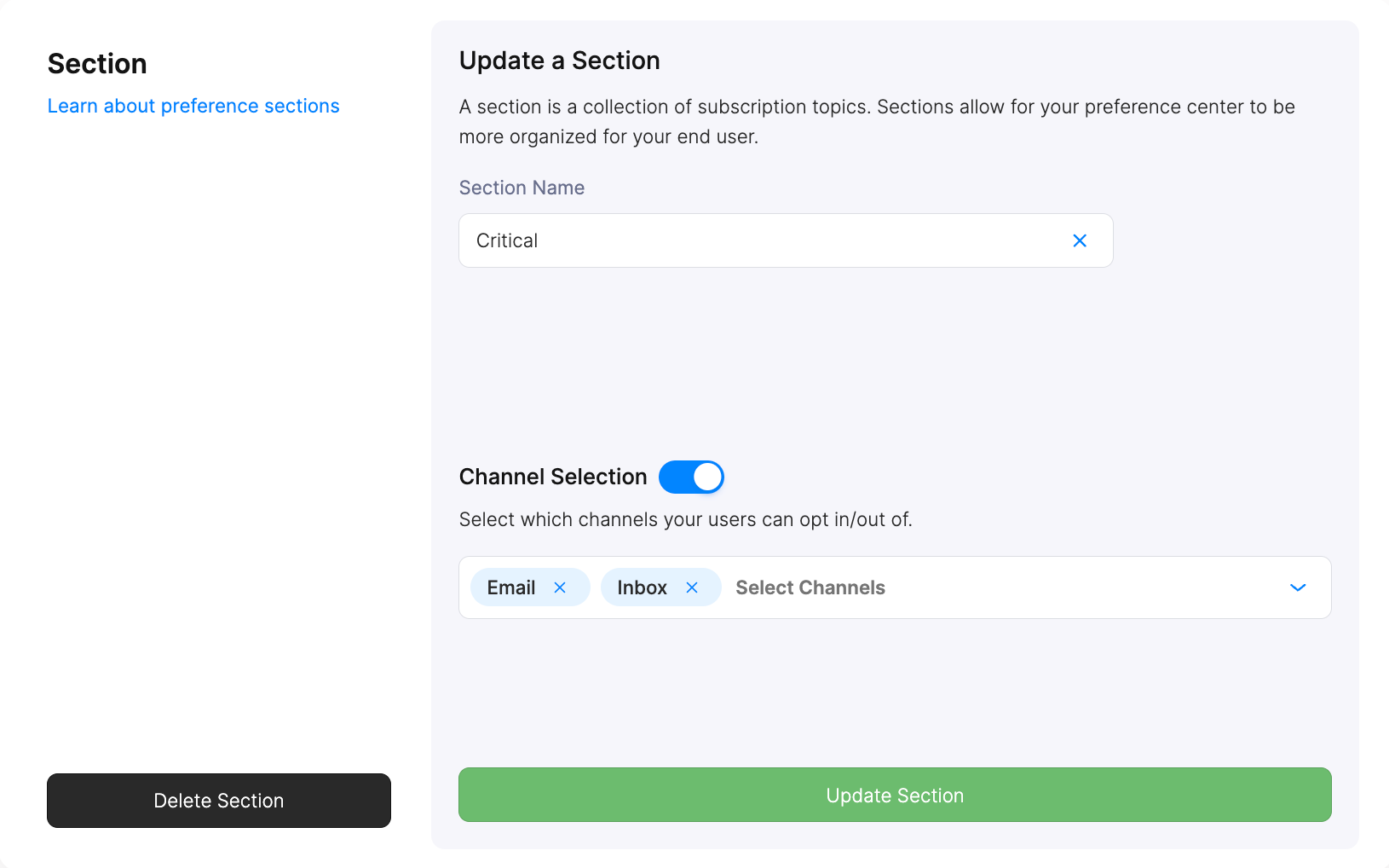 Preference Section Settings