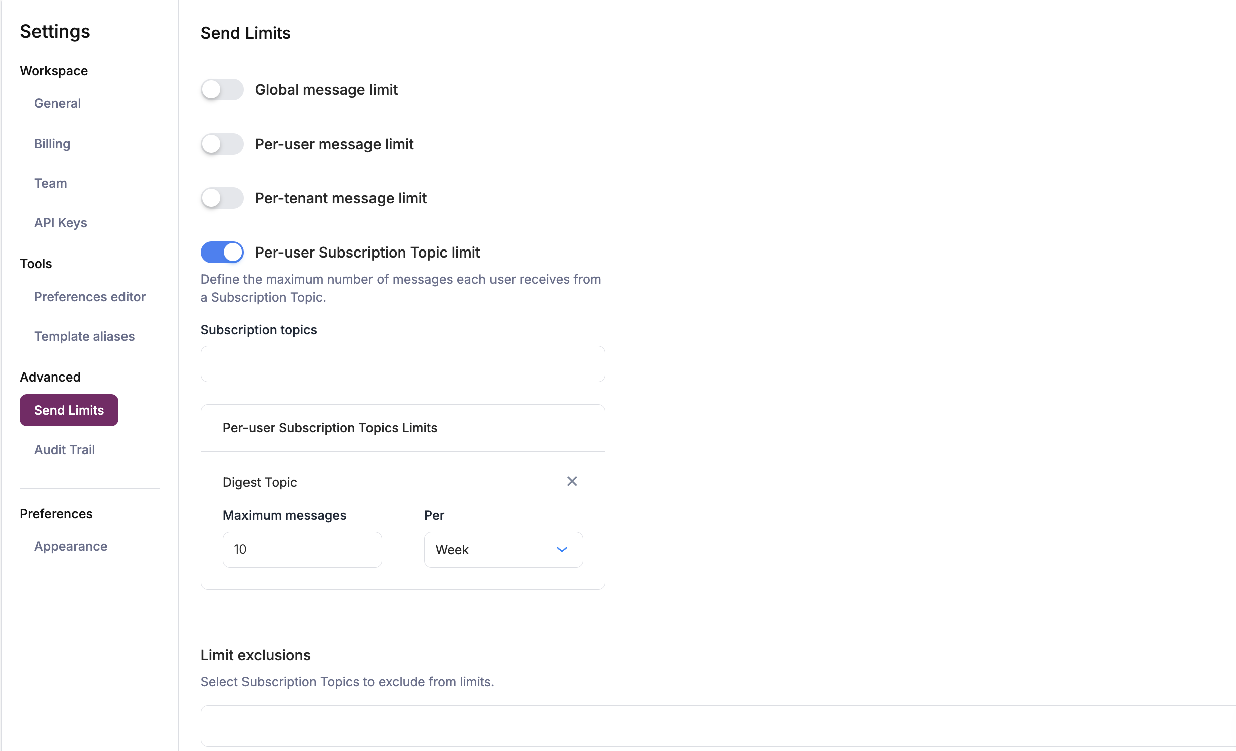 Send Limits settings screenshot