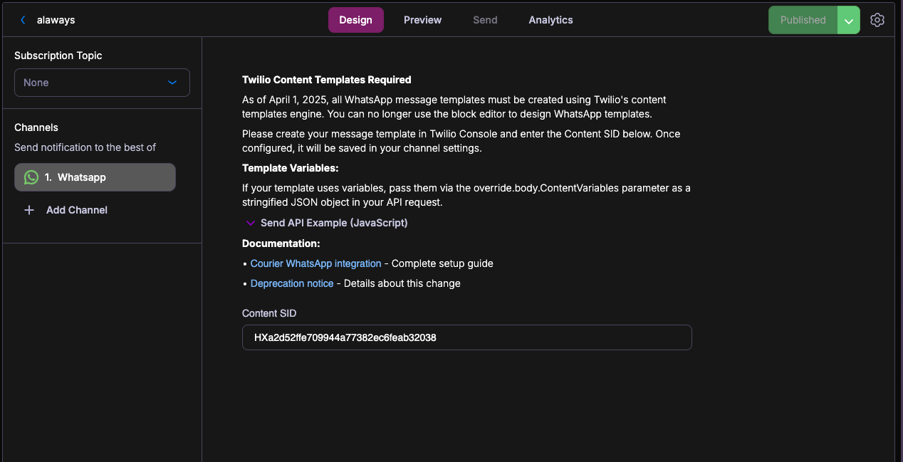 A Courier template's WhatsApp channel settings with the Twilio Content SID pasted in