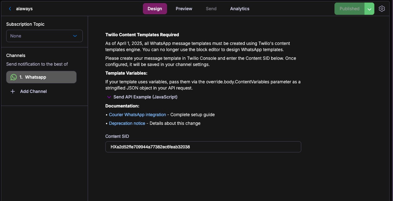 A Courier template's WhatsApp channel settings with the Twilio Content SID pasted in