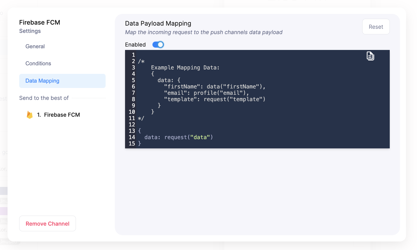 A push channel settings modal with Data Mapping selected, showing the Enabled toggle and a mapping editor that maps the incoming request to the push data payload