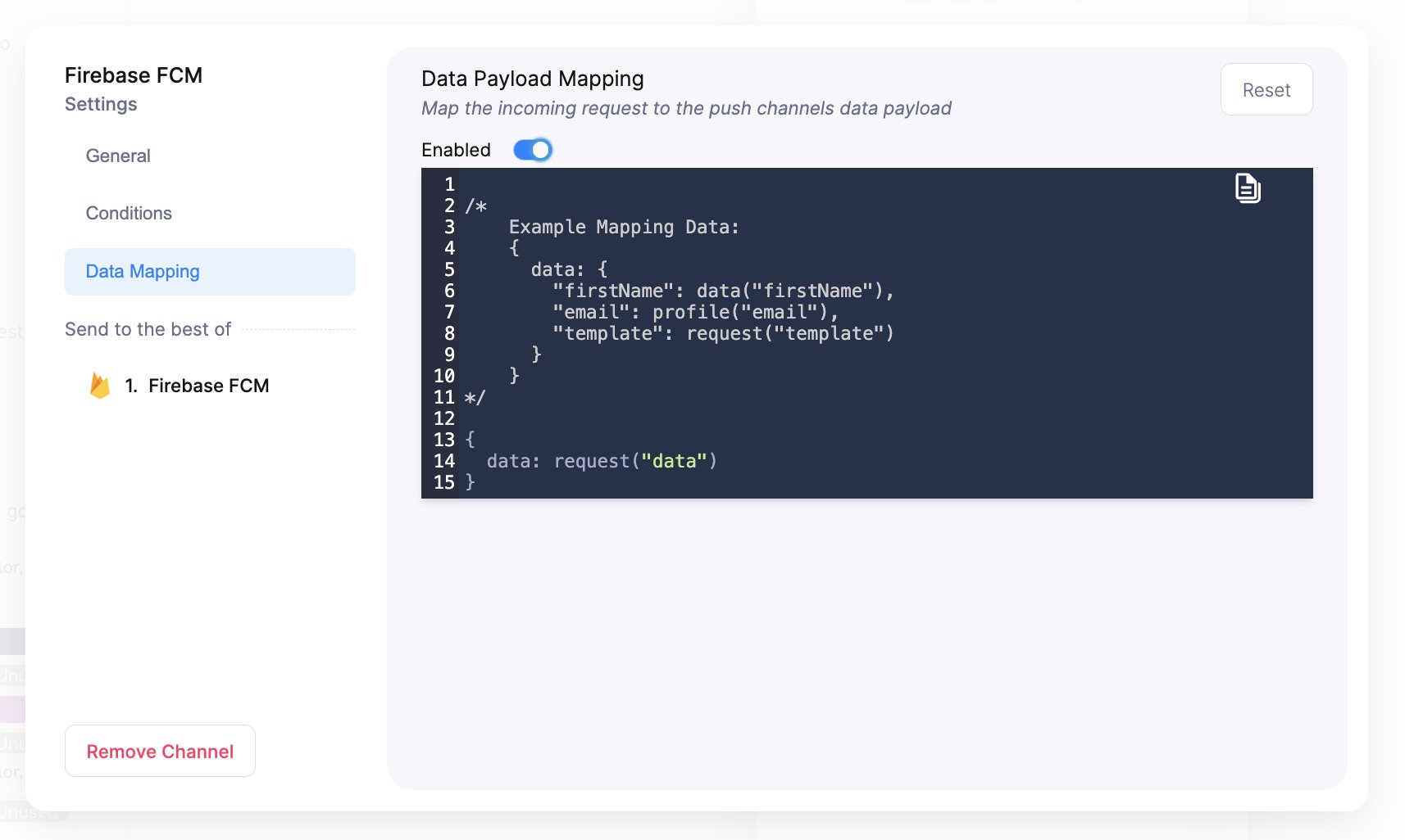A push channel settings modal with Data Mapping selected, showing the Enabled toggle and a mapping editor that maps the incoming request to the push data payload