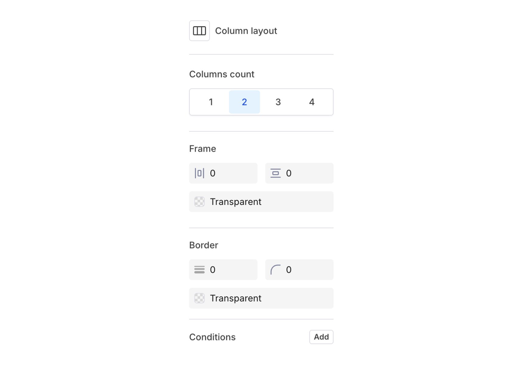 Column layout settings panel in Design Studio