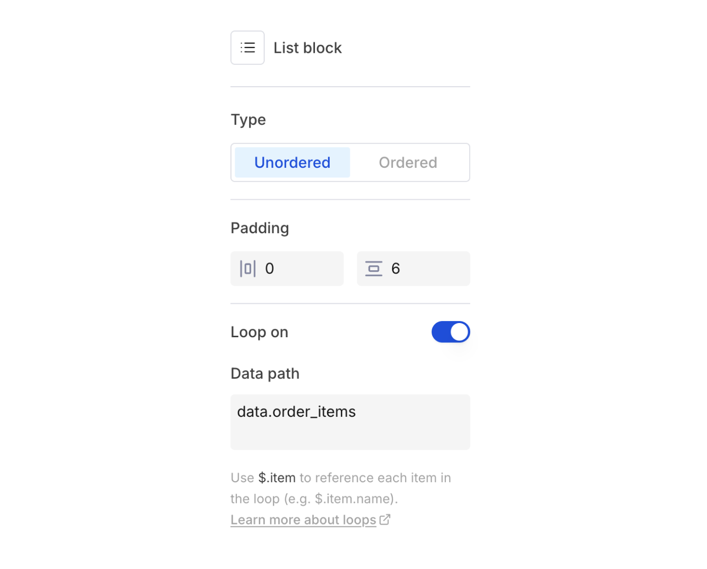 List block settings panel showing type, padding, and loop on toggle