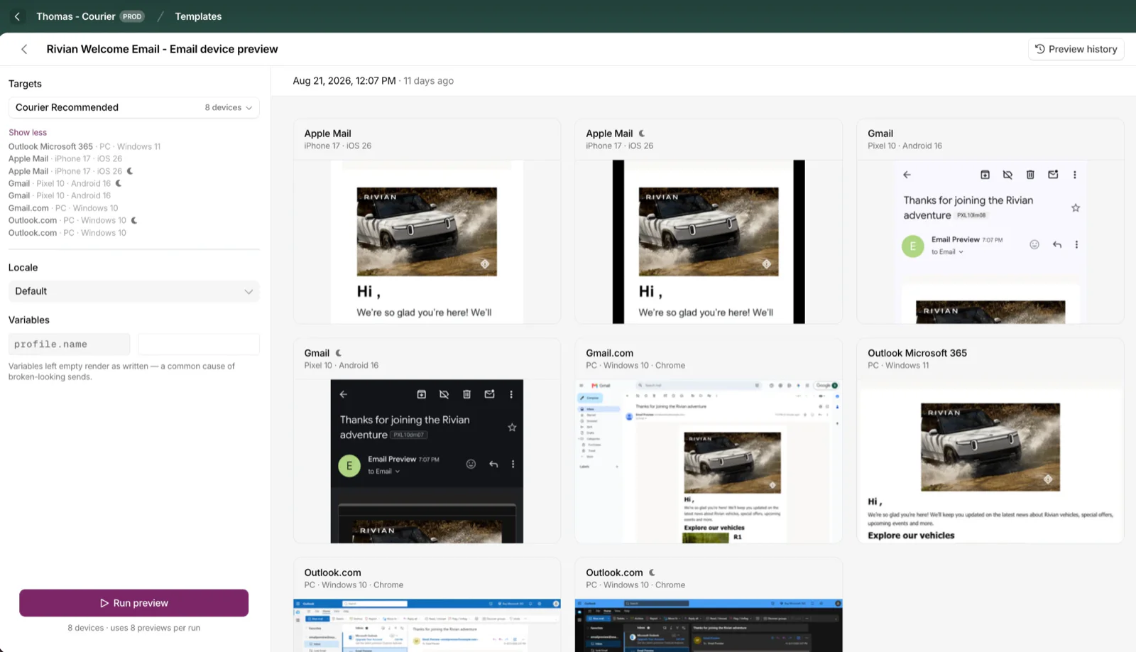 A Device Preview run showing one email rendered on Apple Mail, Gmail, and Outlook, in light and dark mode
