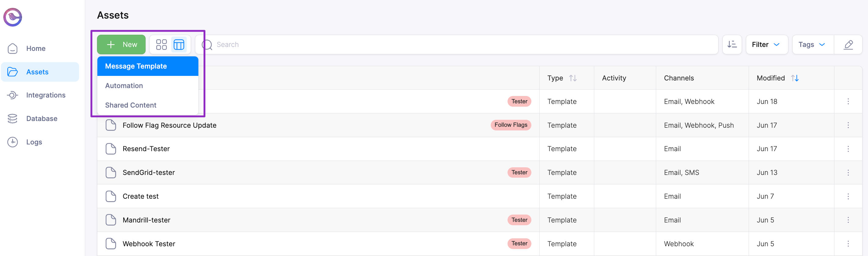 Template designer showing drag and drop interface
