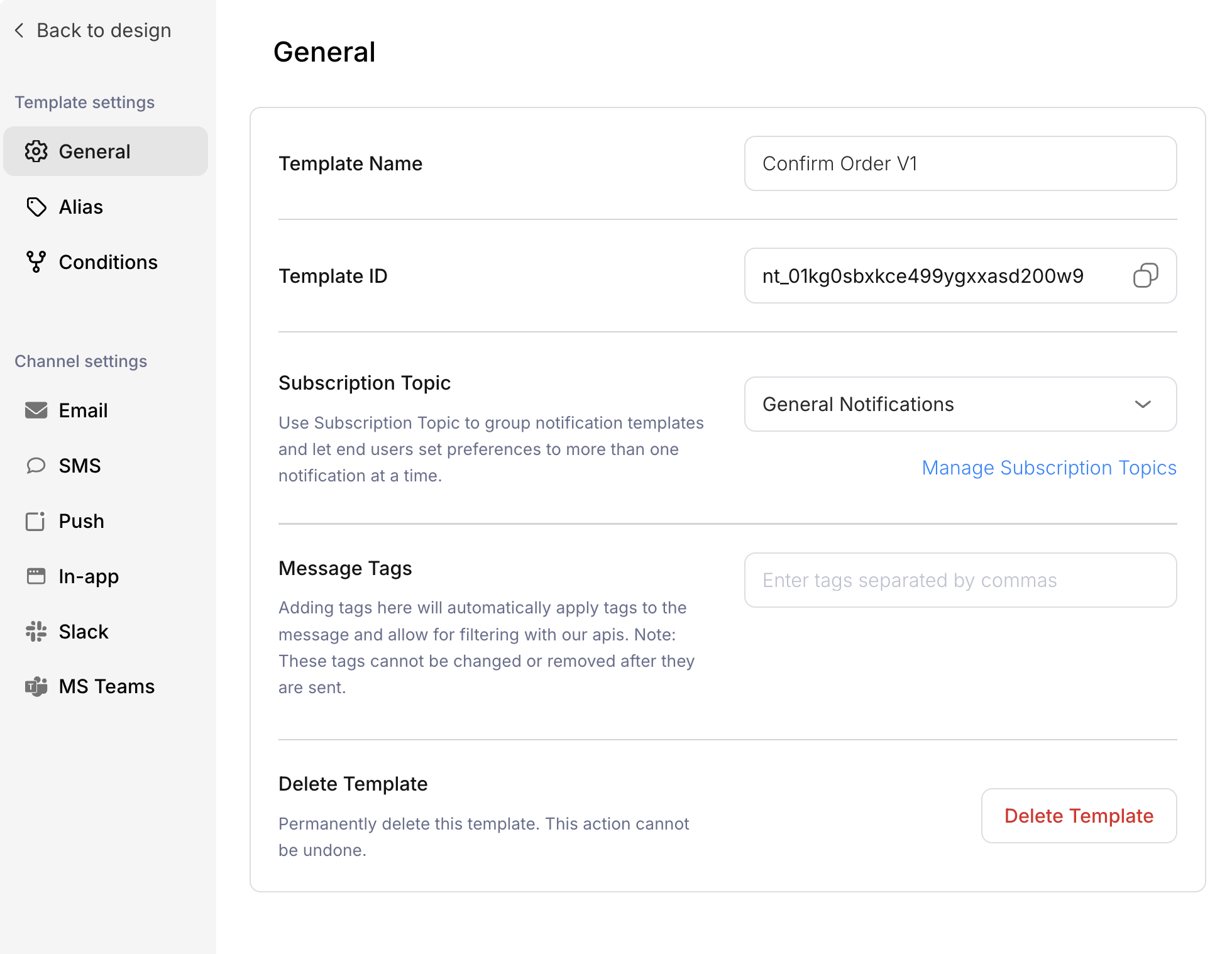 Template settings panel in Design Studio