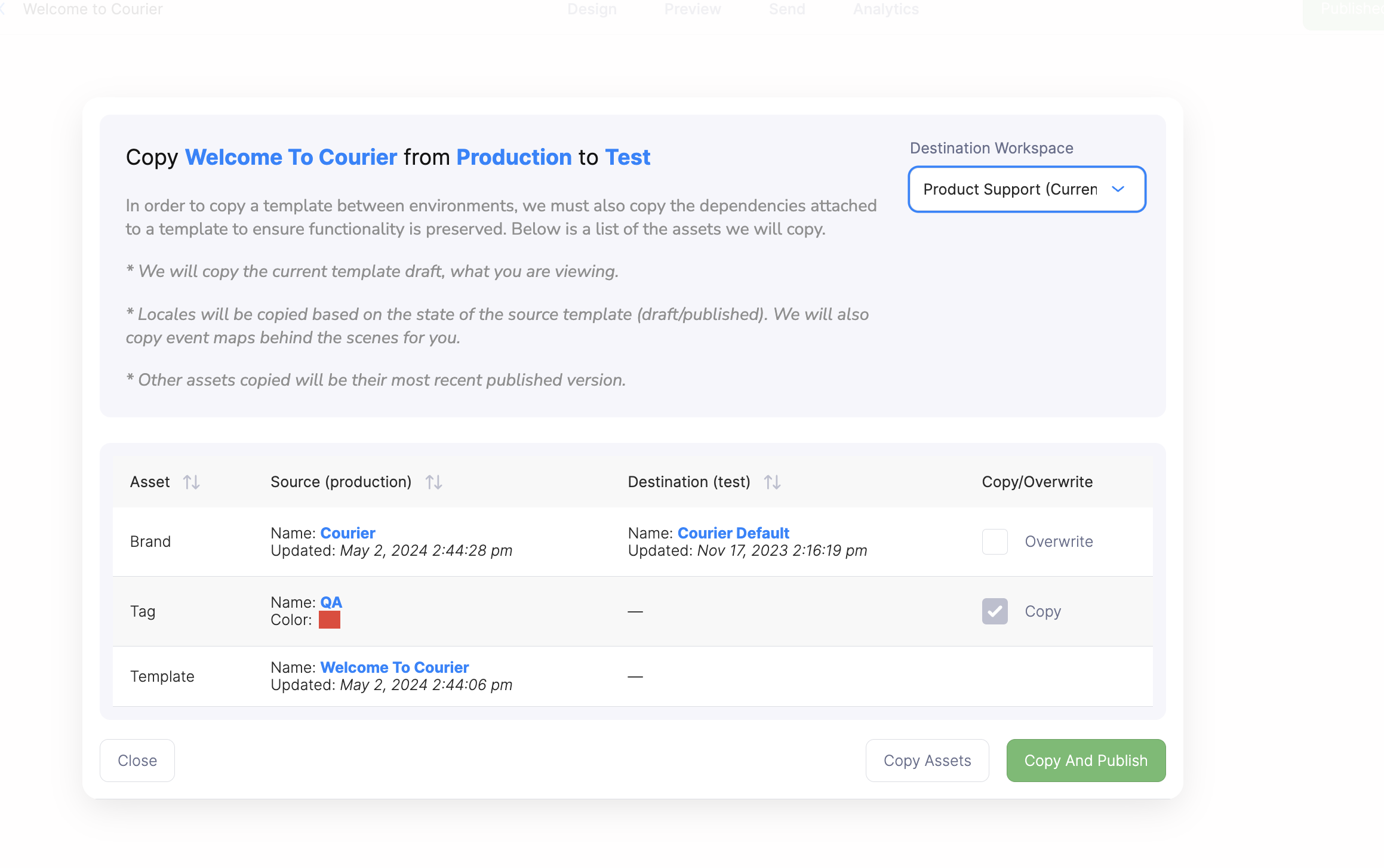 Copy Templates and Assets Confirmation Modal