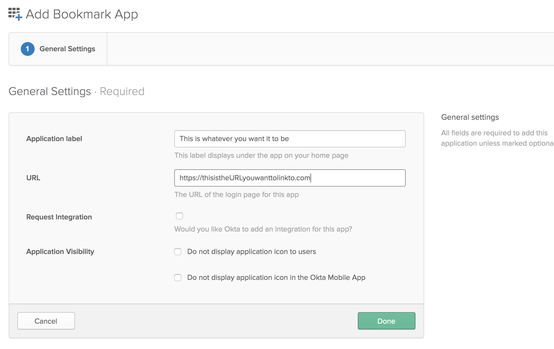 Okta Bookmark App Settings