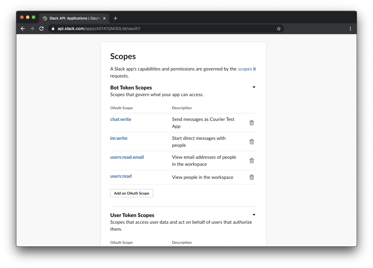 The OAuth and Permissions page in Slack with the bot token scopes added