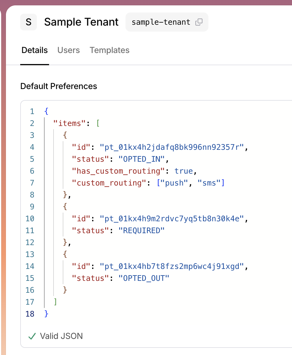 A tenant's Details tab with the Default Preferences JSON editor holding three topic entries and reporting Valid JSON