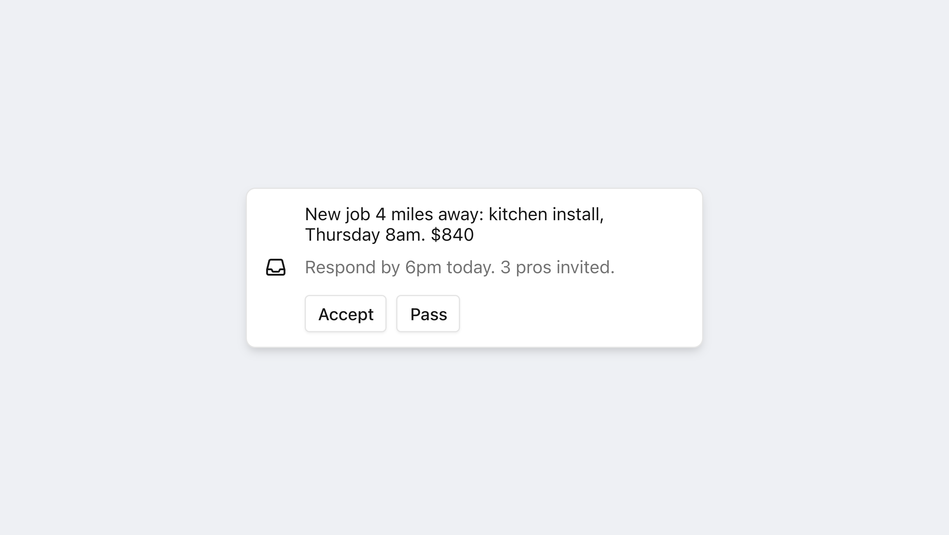 A Courier toast for a newly delivered message, with the message title, body, and Accept and Pass actions