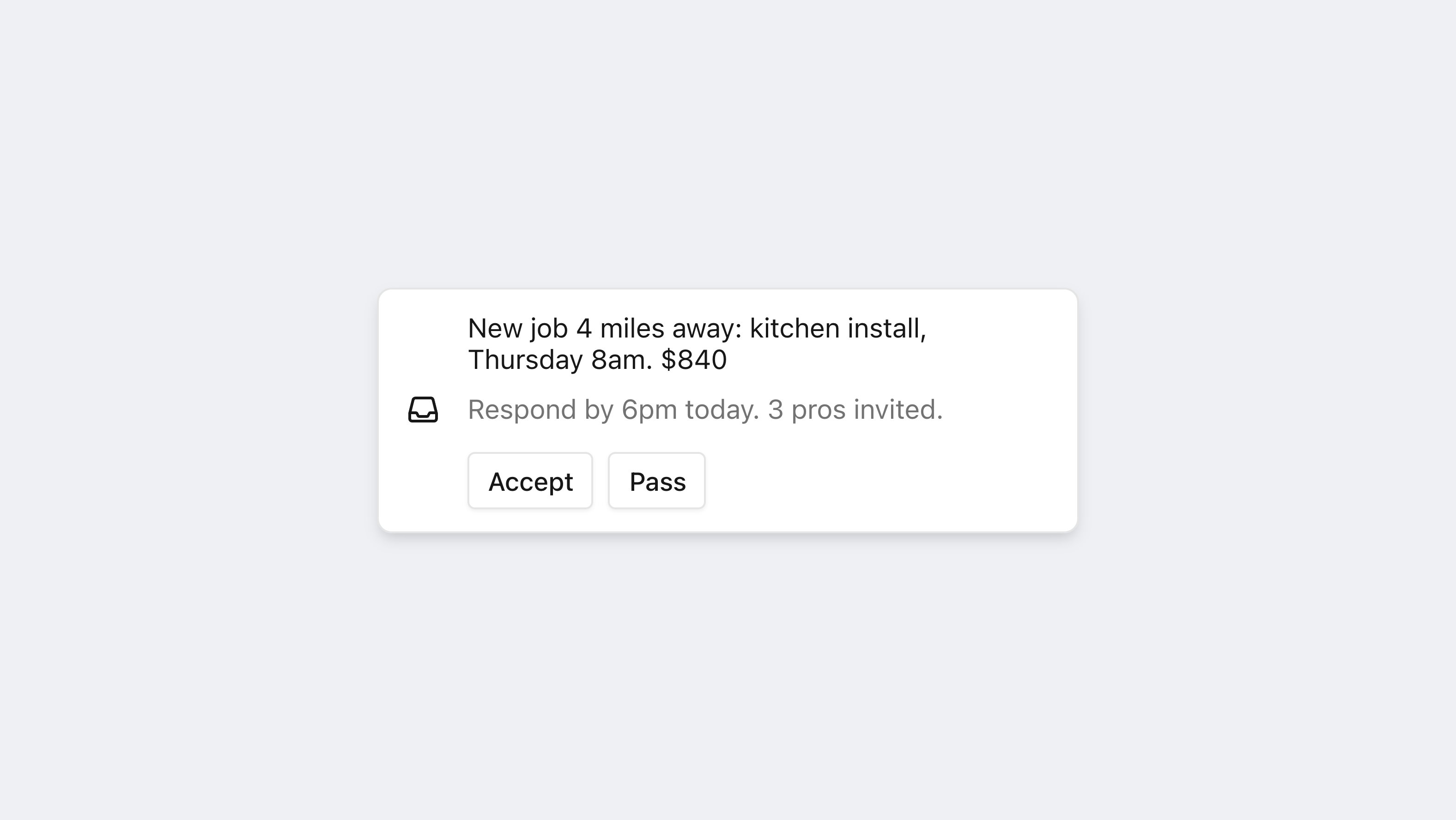 A Courier toast for a newly delivered message, with the message title, body, and Accept and Pass actions